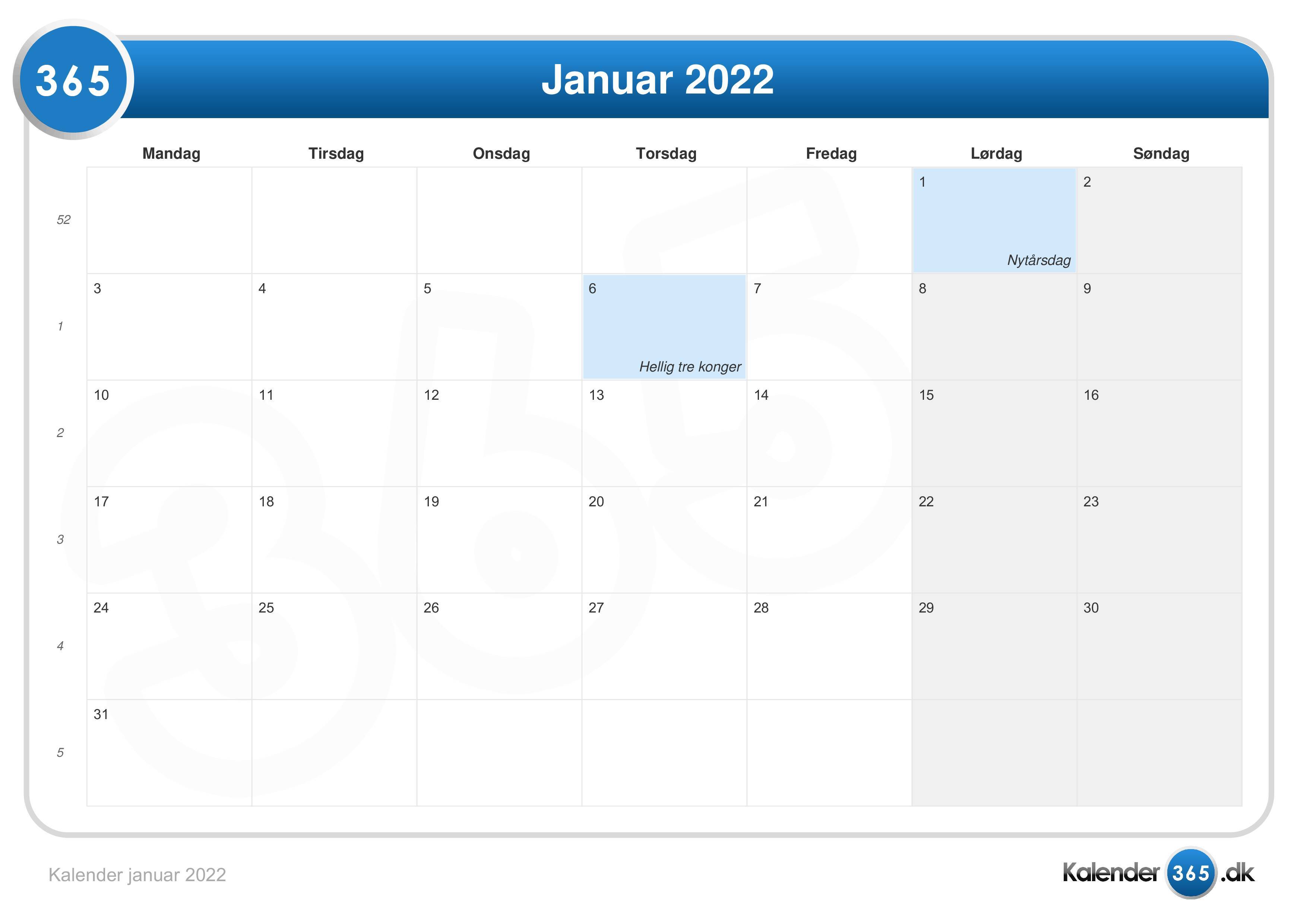  Kalender januar 2022 